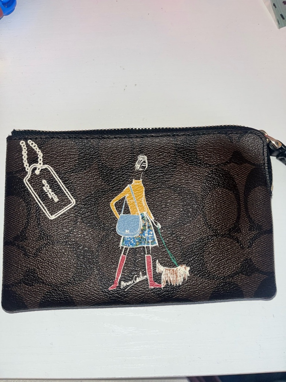 Coach Brown Signature Canvas Wristlet with Colorful Shopper Illustration
